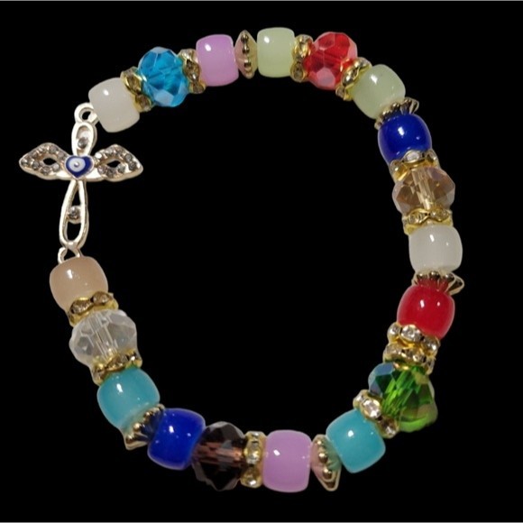 Multicolor bead bracelet with cross charm and tiny evil eye - Picture 1 of 3